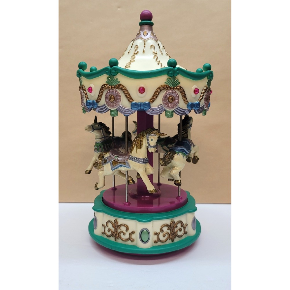 Vintage Rotating Musical Unicorn Horse Carousel‎ Teal/Pink 8.75" Plastic
